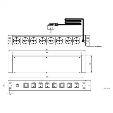 Logilink PDU8D01 - Regleta de alimentación Rack 19" de 8 Tomas protegida con 8 interruptores