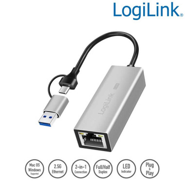 Logilink UA0422 - Cable Adaptador USB 3.1 Tipo A y C a Ethernet 2,5 G, Gris
