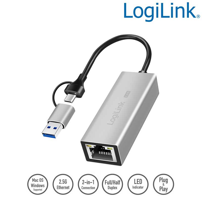 Logilink UA0422 - Cable Adaptador USB 3.1 Tipo A y C a Ethernet 2,5 G, Gris Logilink UA0422 - Cable Adaptador USB 3.1 Tipo A y C a Ethernet 2,5 G, Gris