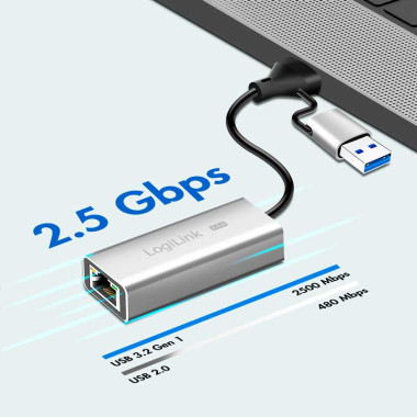 Logilink UA0422 - Cable Adaptador USB 3.1 Tipo A y C a Ethernet 2,5 G, Gris