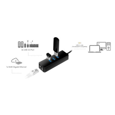 Logilink UA0283 - Cable Adaptador USB 3.1 (Tipo C) a Ethernet Gigabit, HUB de 3 puertos USB 3.0 tipo A