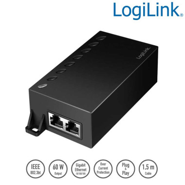 Logilink POE007 - Inyector Gigabit PoE++, 60 W, compatible con IEEE802.3af/at/bt