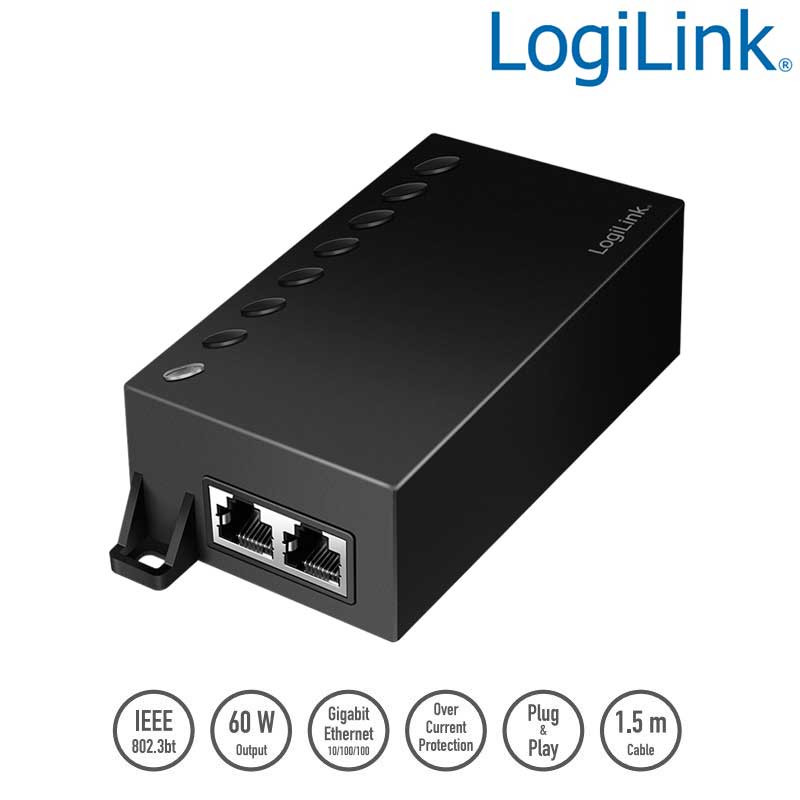 Logilink POE007 - Inyector Gigabit PoE++, 60 W, compatible con IEEE802.3af/at/bt