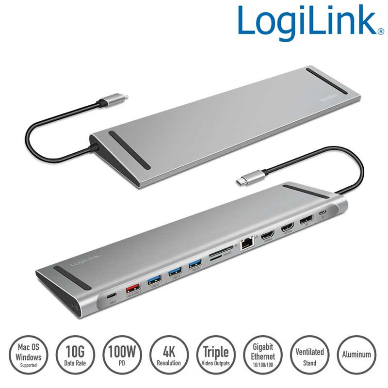 Logilink UA0411 - Docking station USB-C 3.2 Gen2 a USB C DP-3 USB A -USB C-2 HDMI-AUDIO-DP-LAN-Card Reader