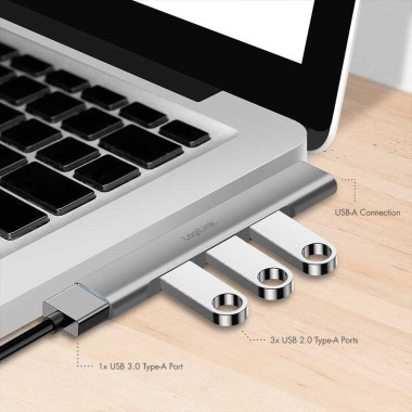 Logilink UA0436 - Hub USB 3.0 Tipo A Ultra slim de 3 USB 2.0 Tipo A y 1 USB 3.0 tipo A, Aluminio, Gris