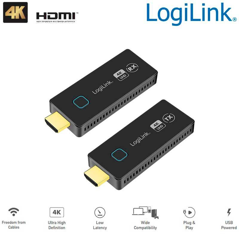 Logilink HDW0102 - Kit de transmisión HDMI, compacto, inalámbrico, 30 m, 1 a 1, 4K a 60 Hz