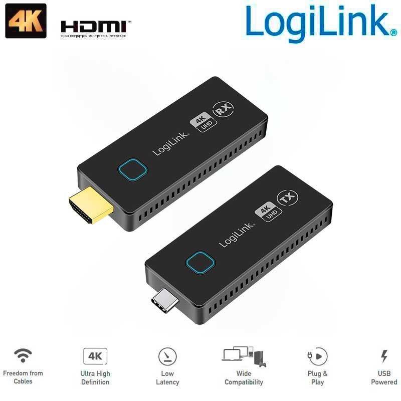 Logilink HDW0104 - Kit de transmisión HDMI inalámbrico, USB-C a HDMI, compacto, 30 m, 4K a 60 Hz