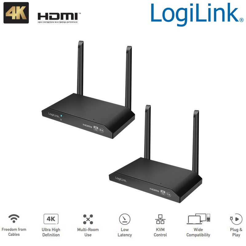 Logilink HDW0103 - Kit de transmisión HDMI, KVM, inalámbrico, 150 m, 4K a 60 Hz