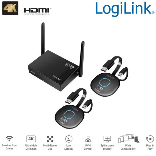 Logilink HDW0112 - Kit de videoconferencia BYOD HDMI, inalámbrico, 50 m, 30 a 1, multidifusión, 4K a 6Hz