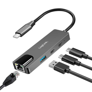 Logilink UA0432 - Cable adaptador USB-C 3.2 Gen 1 a Ethernet  2.5 G con Hub (1 USB A y 2 USB C)