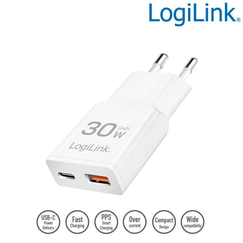 Logilink PA0348 - Cargador (220V) USB A y USB-C GaN (PD), 30W , Blanco
