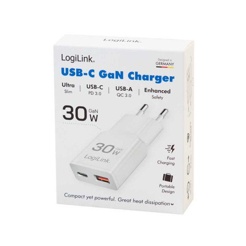 Logilink PA0348 - Cargador (220V) USB A y USB-C GaN (PD), 30W , Blanco
