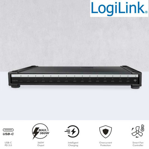 Logilink SCS0112 - Cargador múltiple USB-C (IPSS), 15 puertos, PD, inteligente, negro