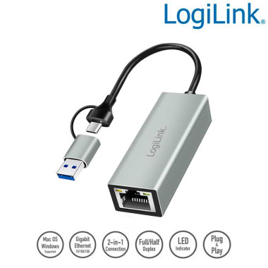Logilink UA0238B - Cable Adaptador USB 3.1 Tipo A y C a Ethernet Gigabit
