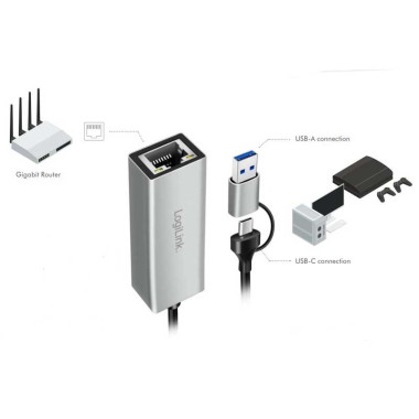 Logilink UA0238B - Cable Adaptador USB 3.1 Tipo A y C a Ethernet Gigabit
