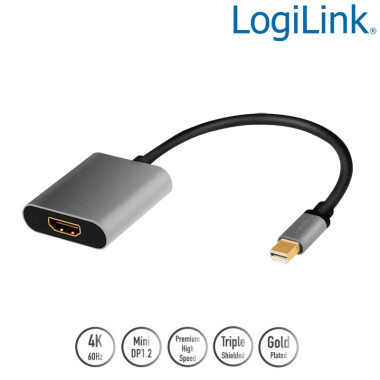 Logilink CDA0110 - Cable Conversor Mini DisplayPort  Macho-HDMI Hembra, 4K/60Hz, Negro / Gris
