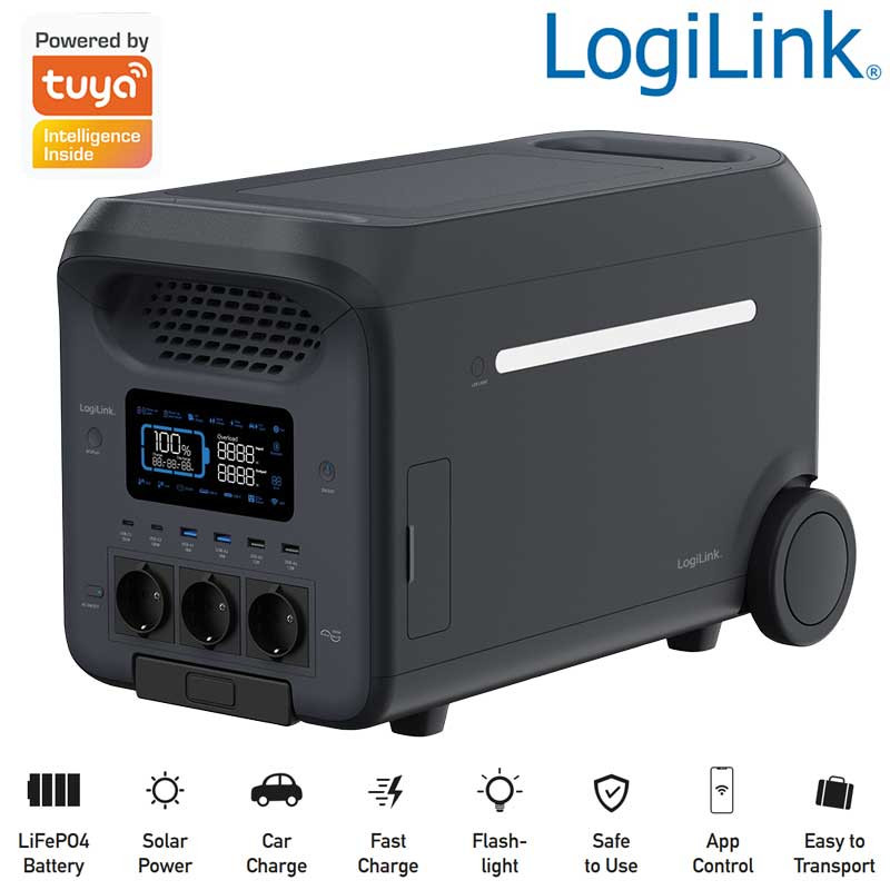 LOGILINK PPS3000 - Estación eléctrica portátil, 3.000W, batería LiFePO4, negra LOGILINK PPS3000 - Estación eléctrica portátil, 3.000W, batería LiFePO4, negra