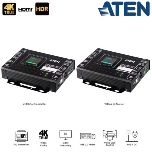 Aten VE8662 - Transceptor HDMI H.265 sobre IP True 4K con PoE