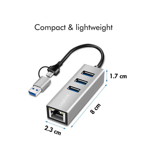 Logilink UA0440 - Cable adaptador USB 3.2 Gen 1 Tipo A y C a Ethernet Gigabit con Hub de 3 USB 3.0