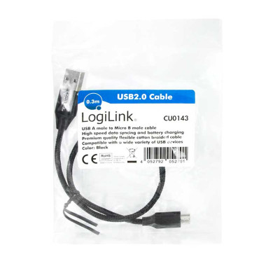 Logilink CU0143 - 0,30m Cable USB 2.0 A Macho a Micro B Macho, Carcasa de metal, Negro