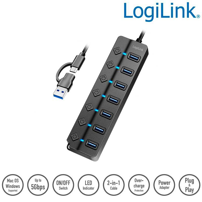 LogiLink UA0420 - HUB USB 3.2 Gen1, 7 puertos A, interruptor on/off por puerto