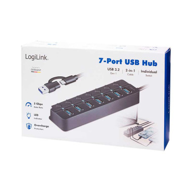 LogiLink UA0420 - HUB USB 3.2 Gen1, 7 puertos A, interruptor on/off por puerto