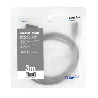 Logilink CV0132 - 3m Cable DisplayPort 1.2 a DVI-D (24+1), Negro | Marlex Conexion