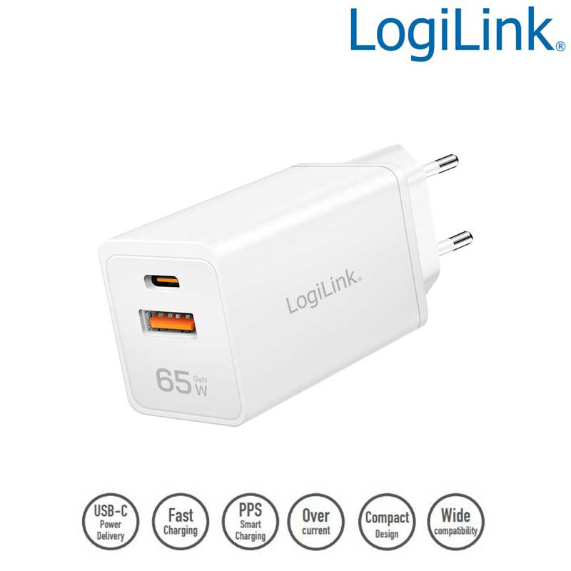 Logilink PA0371 - Cargador (220V) USB-A (QC) y USB-C GaN (PD), 65W, Blanco