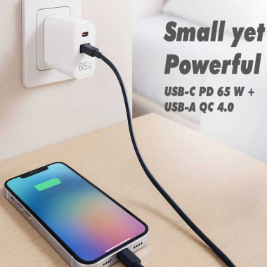 Logilink PA0371 - Cargador (220V) USB-A (QC) y USB-C GaN (PD), 65W, Blanco