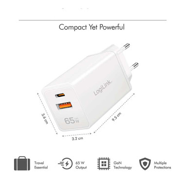 Logilink PA0371 - Cargador (220V) USB-A (QC) y USB-C GaN (PD), 65W, Blanco