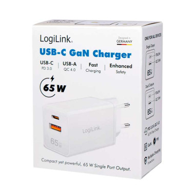 Logilink PA0371 - Cargador (220V) USB-A (QC) y USB-C GaN (PD), 65W, Blanco