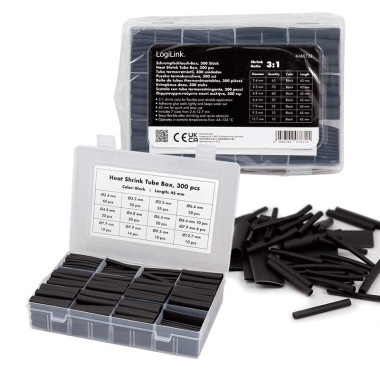Logilink KAB0122 - 300 tubos termorretráctiles, 45mm de longitud, relación de retracción 3:1, negro