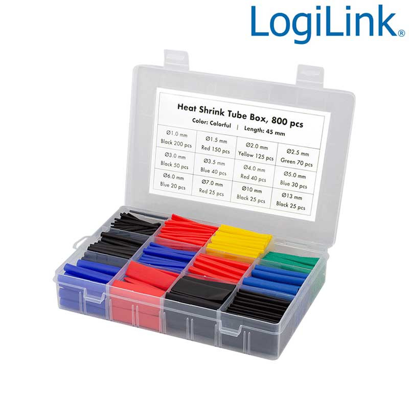 Logilink KAB0123 - 800 tubos termoencogibles, 45 mm de longitud, relación de retracción 2:1, colores