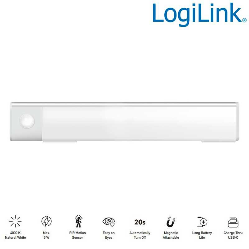 Logilink LED023 - Luz LED, 40 cm, 160 lm, 1100 mAh, con detector de movimiento, blanca