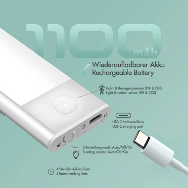 Logilink LED023 - Luz LED, 40 cm, 160 lm, 1100 mAh, con detector de movimiento, blanca