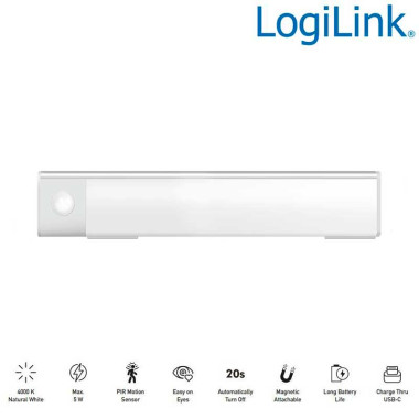 Logilink LED022 - Luz LED, 30 cm, 100 lm, 1100 mAh, con detector de movimiento, blanca