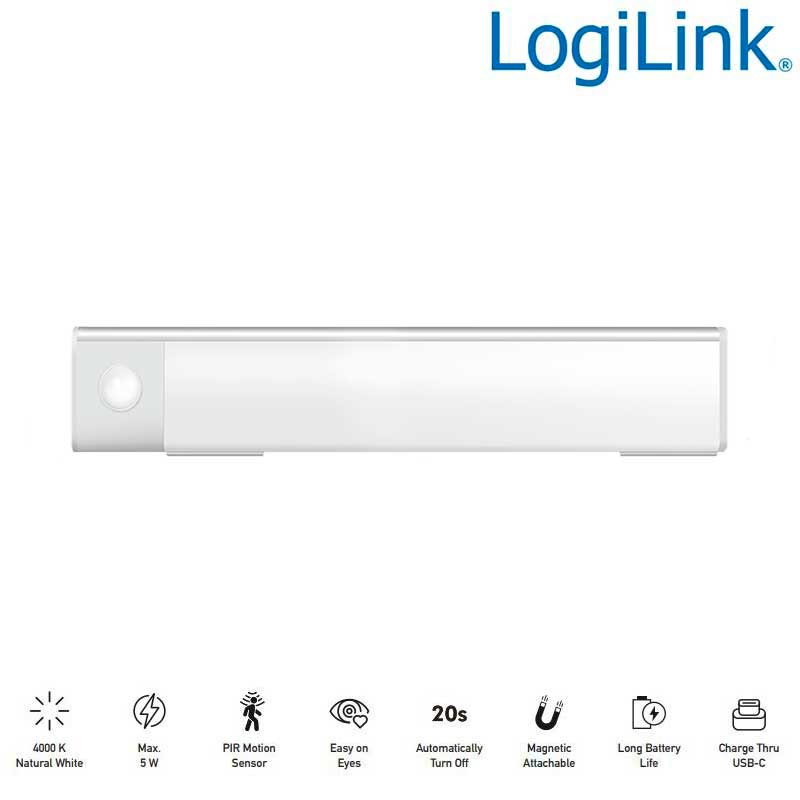 Logilink LED022 - Luz LED, 30 cm, 100 lm, 1100 mAh, con detector de movimiento, blanca