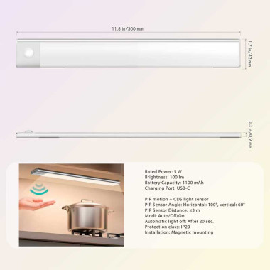 Logilink LED022 - Luz LED, 30 cm, 100 lm, 1100 mAh, con detector de movimiento, blanca