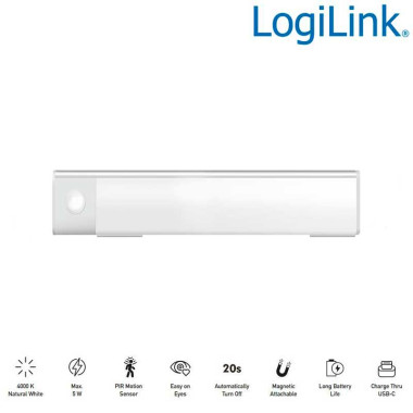Logilink LED021 - Luz LED, 20 cm, 80 lm, 600 mAh, con detector de movimiento, blanca