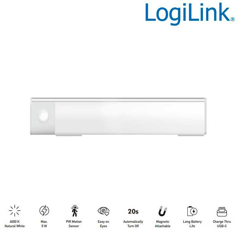 Logilink LED021 - Luz LED, 20 cm, 80 lm, 600 mAh, con detector de movimiento, blanca