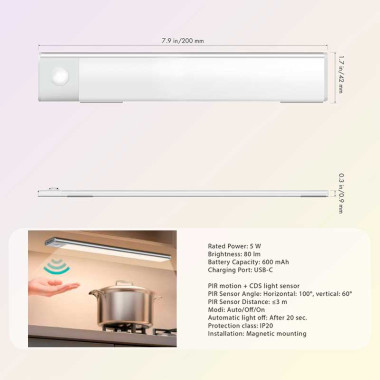 Logilink LED021 - Luz LED, 20 cm, 80 lm, 600 mAh, con detector de movimiento, blanca