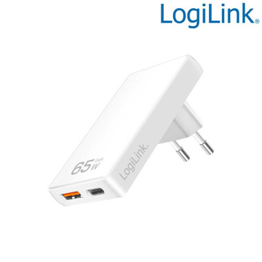 Logilink PA0368 - Cargador (220V) USB-A (QC) y USB-C GaN (PD), 65W, extrafino, Blanco