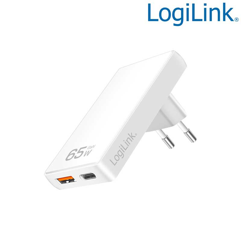 Logilink PA0368 - Cargador (220V) USB-A (QC) y USB-C GaN (PD), 65W, extrafino, Blanco
