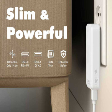 Logilink PA0368 - Cargador (220V) USB-A (QC) y USB-C GaN (PD), 65W, extrafino, Blanco