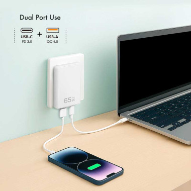 Logilink PA0368 - Cargador (220V) USB-A (QC) y USB-C GaN (PD), 65W, extrafino, Blanco