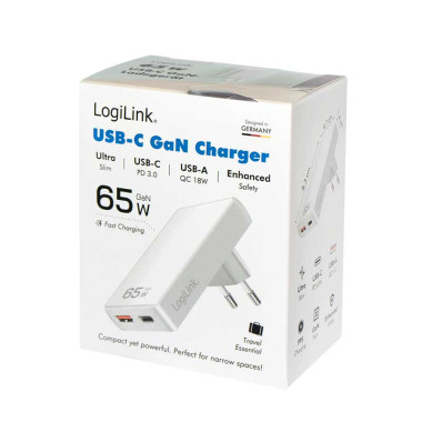 Logilink PA0368 - Cargador (220V) USB-A (QC) y USB-C GaN (PD), 65W, extrafino, Blanco