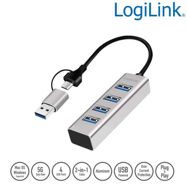 Logilink UA0455 - HUB USB 3.2 Gen1 de 4 puertos tipo A con conexcion A y C, Aluminio