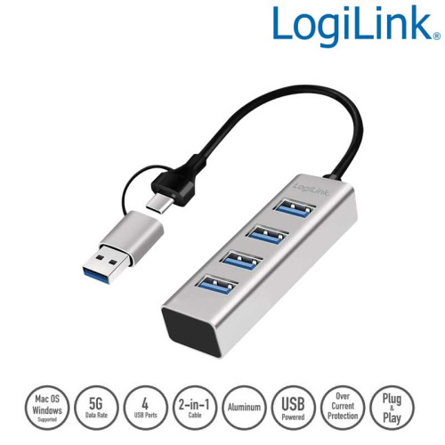 Logilink UA0455 - HUB USB 3.2 Gen1 de 4 puertos tipo A con conexcion A y C, Aluminio