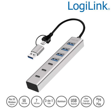 Logilink UA0442 - HUB USB 3.2 Gen1 de 4 puertos tipo A  y 3 Tipo C con conexcion A y C, Aluminio