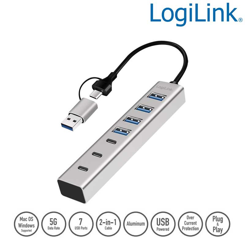 Logilink UA0442 - HUB USB 3.2 Gen1 de 4 puertos tipo A  y 3 Tipo C con conexcion A y C, Aluminio